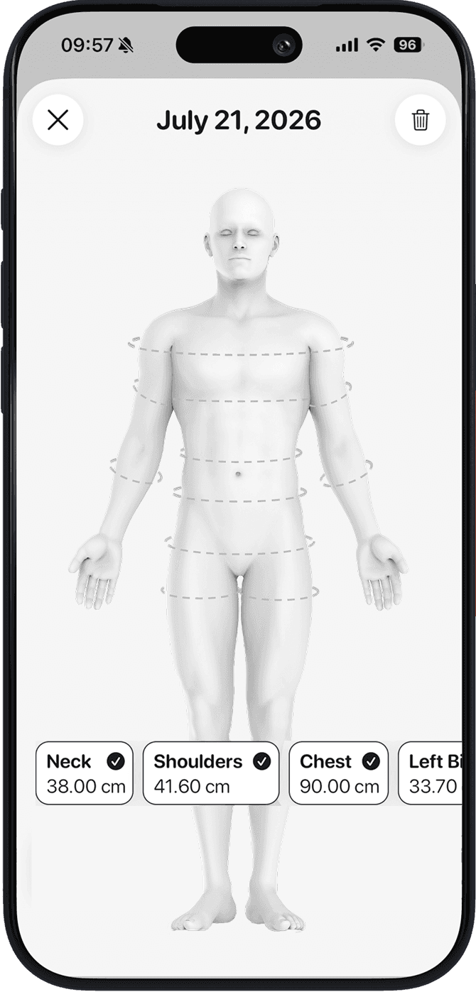 Body measurements screen in the Bodly app