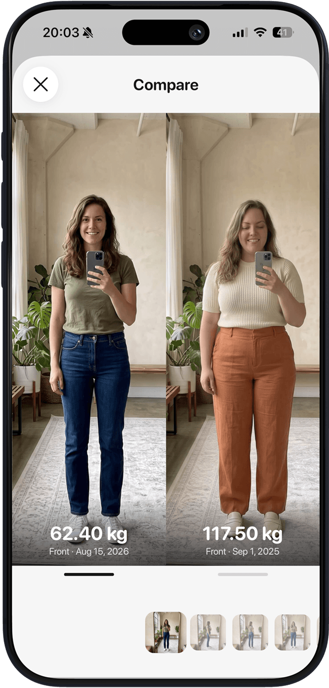 Before and after comparison in the Bodly app