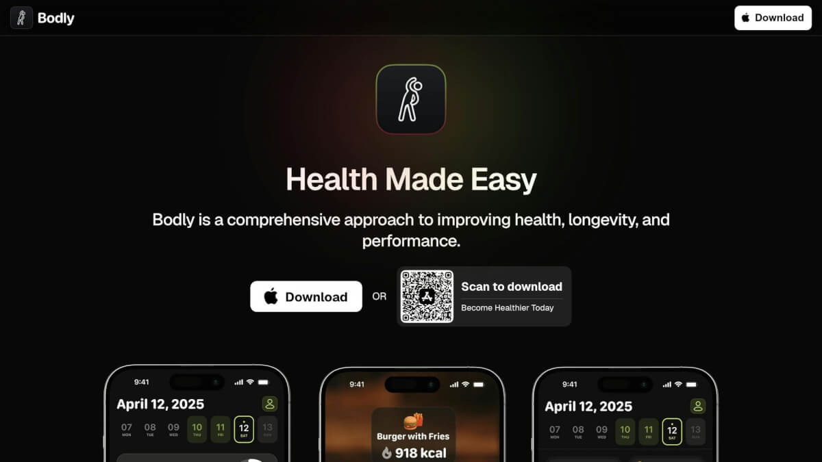 Pantalla de inicio de Bodly con puntuaciones diarias y escaneo de comidas con IA en iPhone